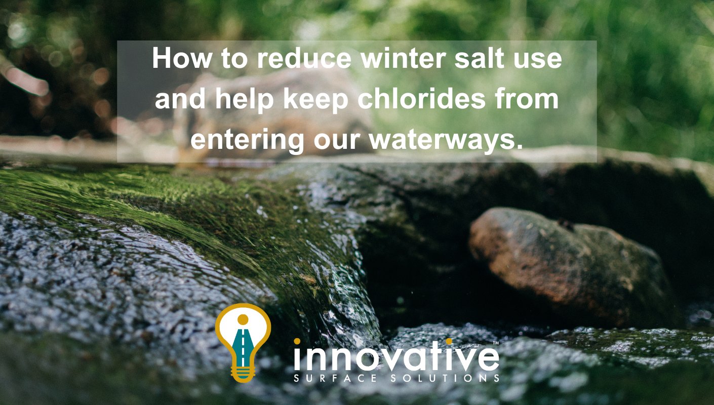 forest stream water running over rocks with text How to reduce winter salt use and help keep chlorides from entering our waterways